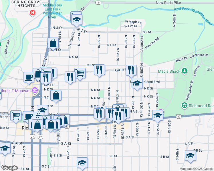 map of restaurants, bars, coffee shops, grocery stores, and more near 414 North 16th Street in Richmond