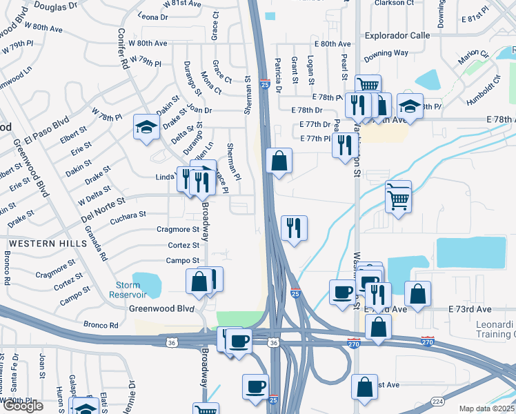 map of restaurants, bars, coffee shops, grocery stores, and more near 7556 Sherman Street in Denver