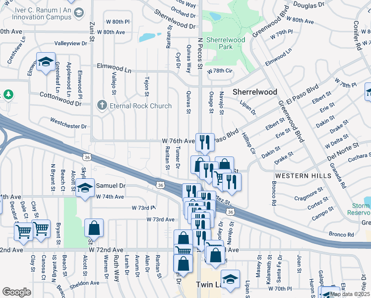 map of restaurants, bars, coffee shops, grocery stores, and more near 7577 Quivas Street in Denver