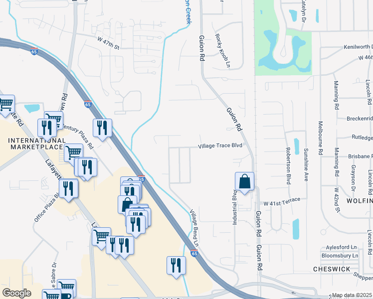 map of restaurants, bars, coffee shops, grocery stores, and more near 4326 Village Trace Drive in Indianapolis