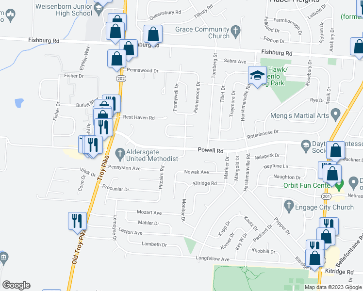 map of restaurants, bars, coffee shops, grocery stores, and more near 4631 Powell Road in Dayton