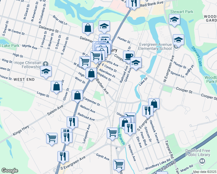 map of restaurants, bars, coffee shops, grocery stores, and more near 160 Franklin St in Woodbury