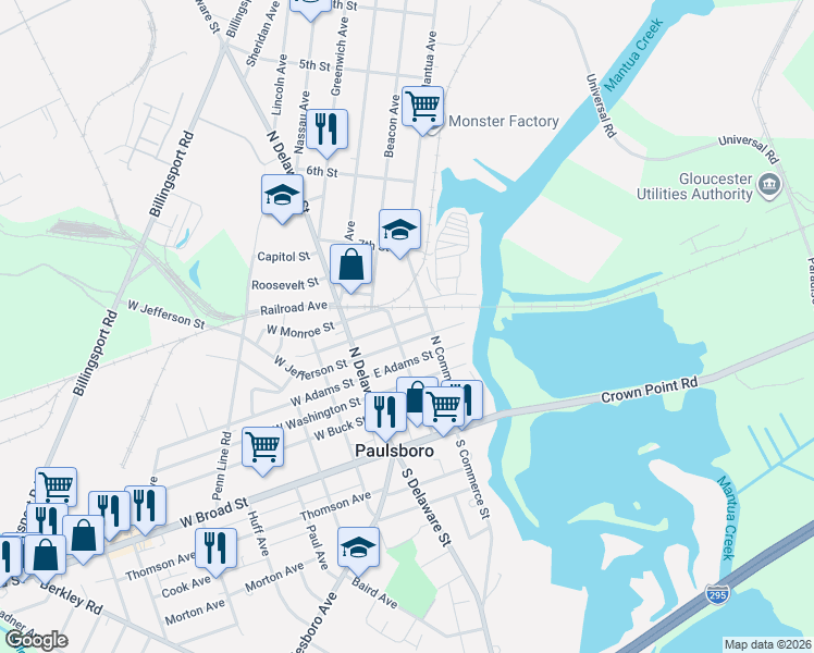 map of restaurants, bars, coffee shops, grocery stores, and more near 110 East Madison Street in Paulsboro