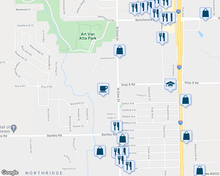 map of restaurants, bars, coffee shops, grocery stores, and more near 2970 Stop 8 Road in Dayton