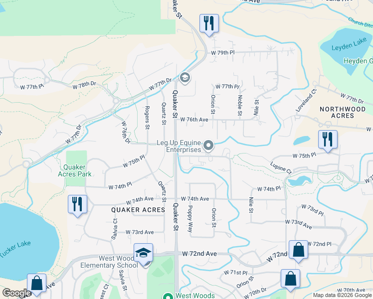 map of restaurants, bars, coffee shops, grocery stores, and more near 7582 Quaker Street in Arvada