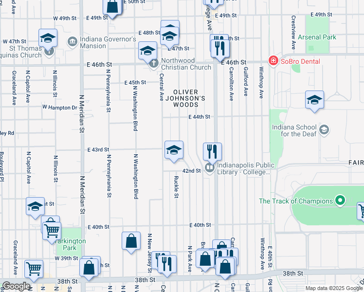 map of restaurants, bars, coffee shops, grocery stores, and more near 4307 North Park Avenue in Indianapolis