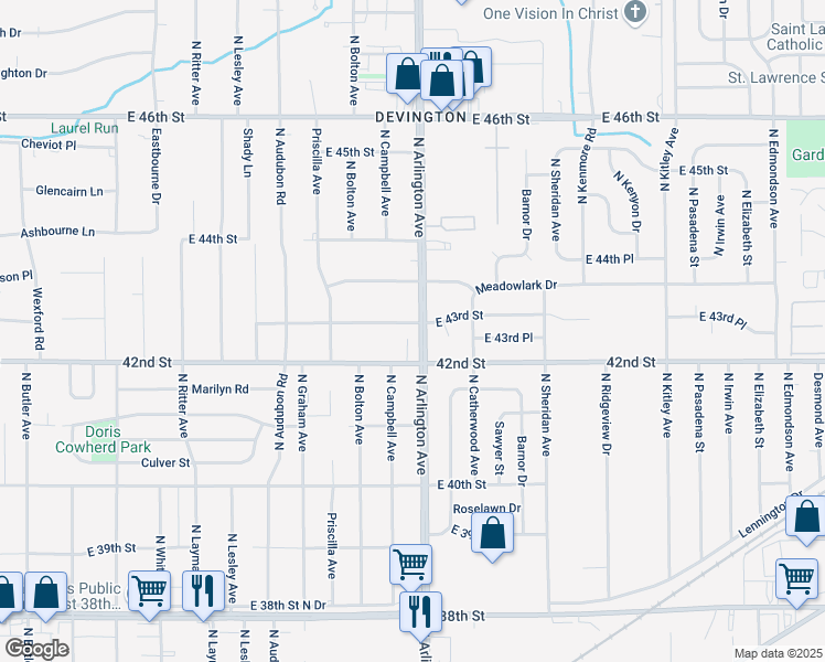 map of restaurants, bars, coffee shops, grocery stores, and more near 4230 North Arlington Avenue in Indianapolis