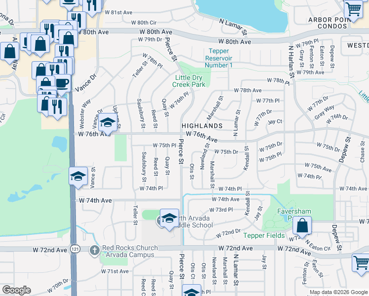 map of restaurants, bars, coffee shops, grocery stores, and more near 7562 Pierce Street in Arvada