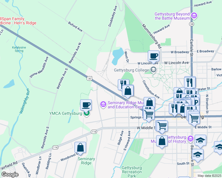 map of restaurants, bars, coffee shops, grocery stores, and more near 331 Buford Avenue in Gettysburg