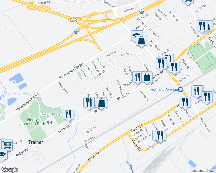 map of restaurants, bars, coffee shops, grocery stores, and more near 1015 Sunset Street in Trainer