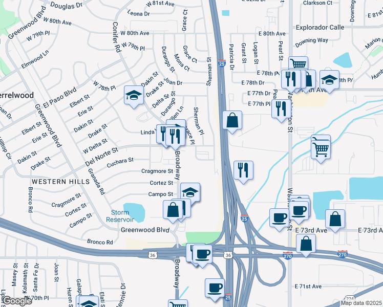 map of restaurants, bars, coffee shops, grocery stores, and more near 7570 Broadway in Denver