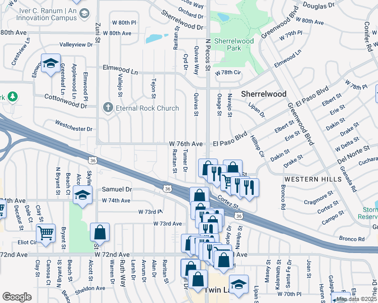 map of restaurants, bars, coffee shops, grocery stores, and more near 7577 Quivas Street in Denver