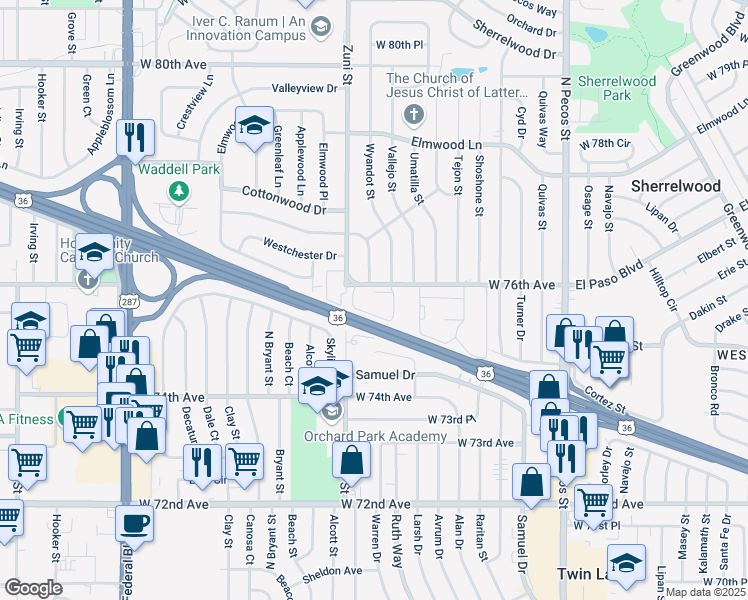 map of restaurants, bars, coffee shops, grocery stores, and more near 2360 West 76th Avenue in Denver