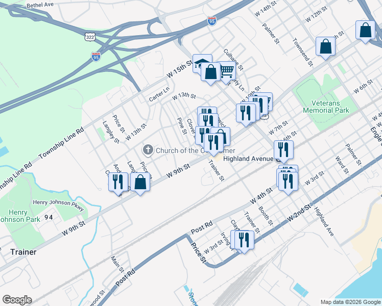 map of restaurants, bars, coffee shops, grocery stores, and more near 1004 Keystone Road in Chester