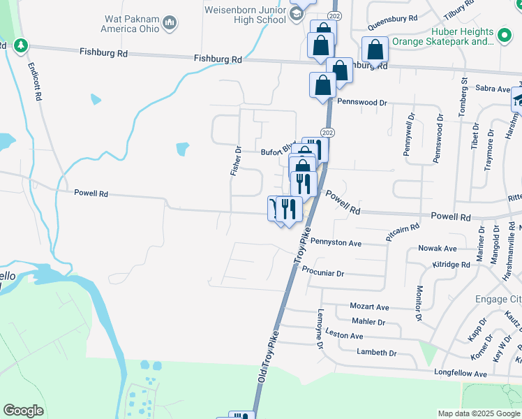map of restaurants, bars, coffee shops, grocery stores, and more near 4367 Powell Road in Dayton