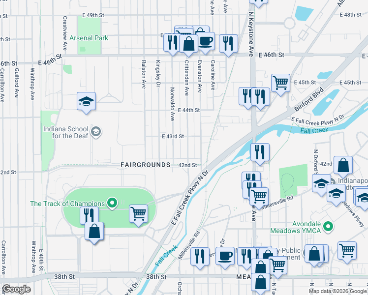 map of restaurants, bars, coffee shops, grocery stores, and more near 4239 Norwaldo Avenue in Indianapolis