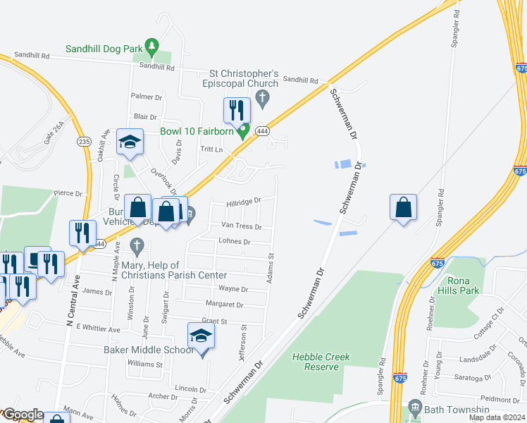 map of restaurants, bars, coffee shops, grocery stores, and more near 1244 Kneisley Drive in Fairborn