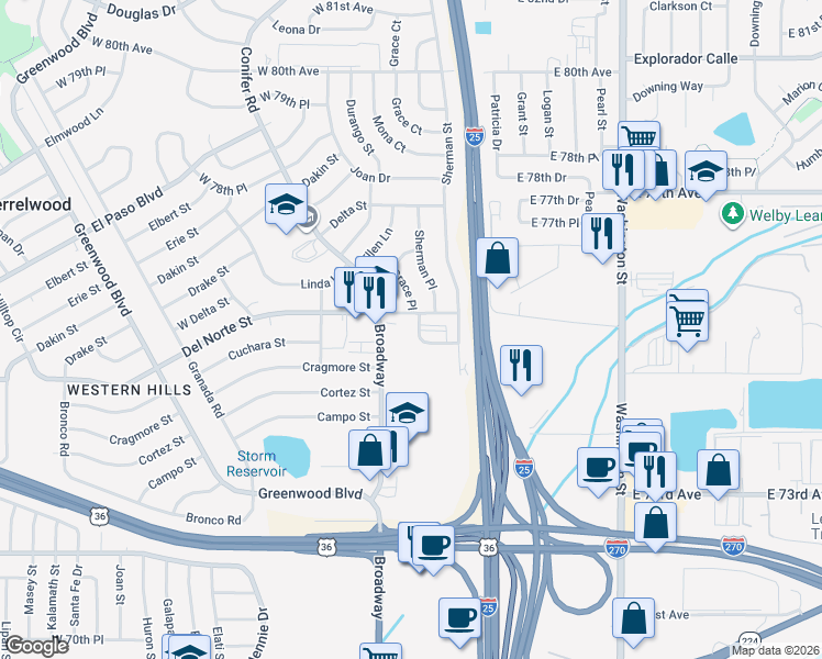 map of restaurants, bars, coffee shops, grocery stores, and more near 7570 Broadway in Denver