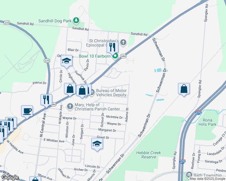 map of restaurants, bars, coffee shops, grocery stores, and more near 1248 Dellinger Drive in Fairborn
