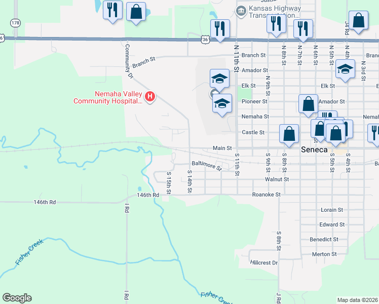map of restaurants, bars, coffee shops, grocery stores, and more near 42 South 14th Street in Seneca