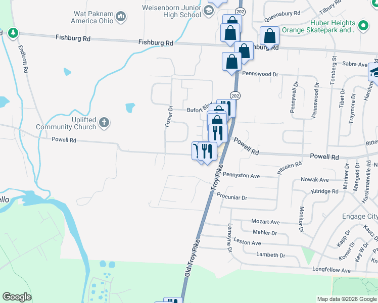 map of restaurants, bars, coffee shops, grocery stores, and more near 4367 Powell Road in Dayton