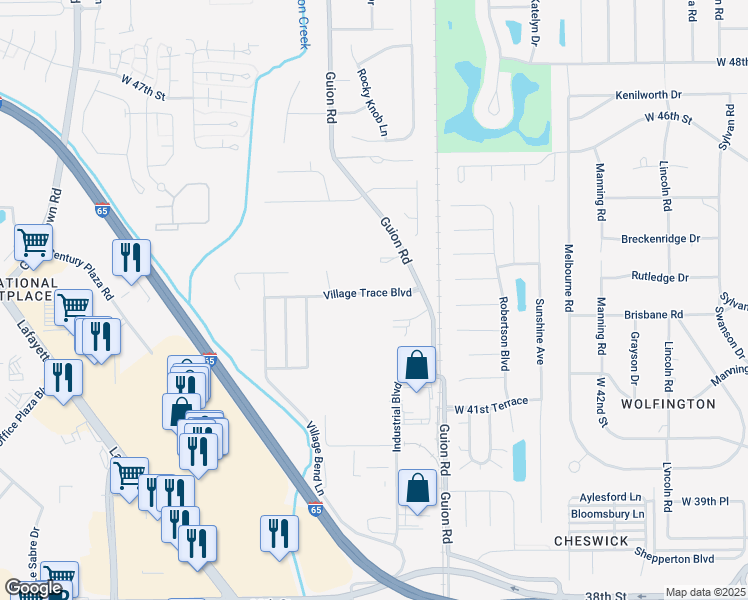 map of restaurants, bars, coffee shops, grocery stores, and more near 4015 Village Trace Boulevard in Indianapolis
