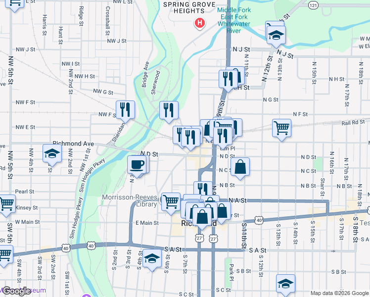 map of restaurants, bars, coffee shops, grocery stores, and more near 170 Fort Wayne Avenue in Richmond
