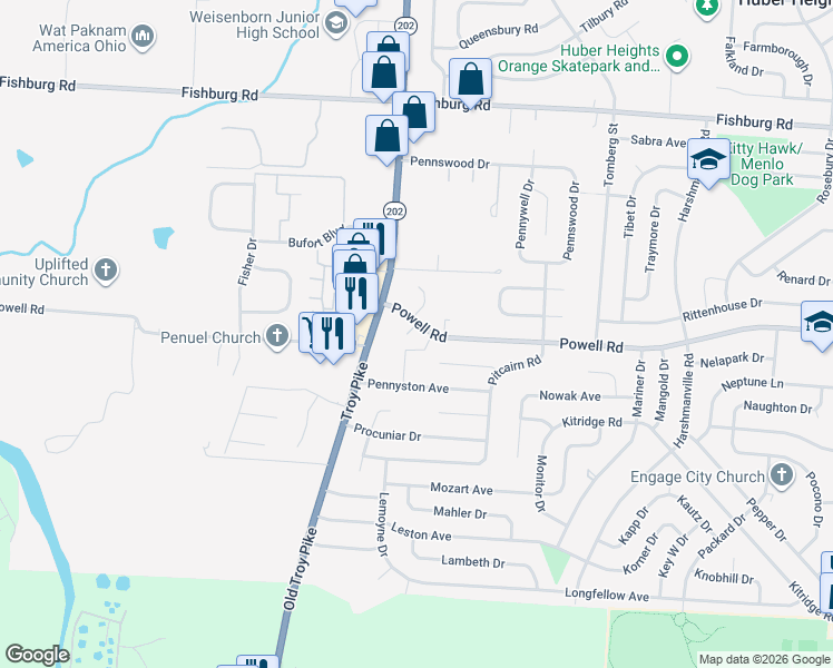 map of restaurants, bars, coffee shops, grocery stores, and more near 5512 Rockdell Court in Dayton