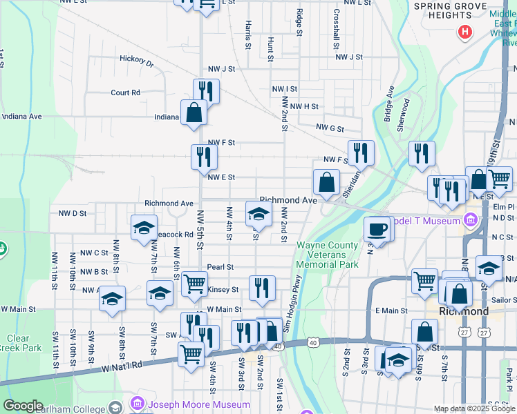 map of restaurants, bars, coffee shops, grocery stores, and more near 417 Northwest 3rd Street in Richmond