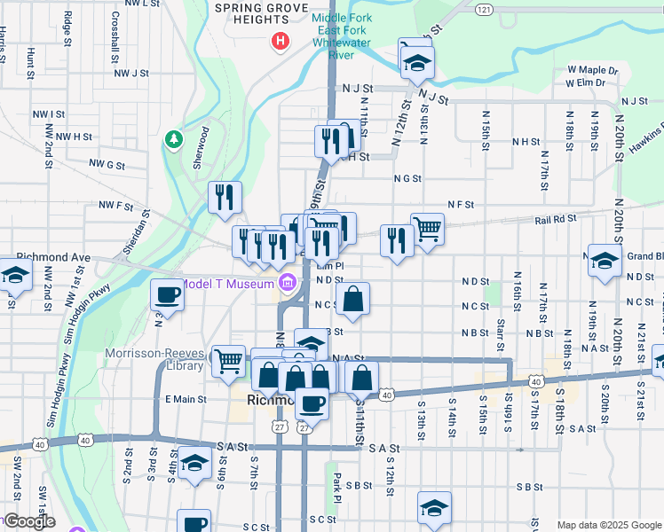 map of restaurants, bars, coffee shops, grocery stores, and more near Elm Place in Richmond