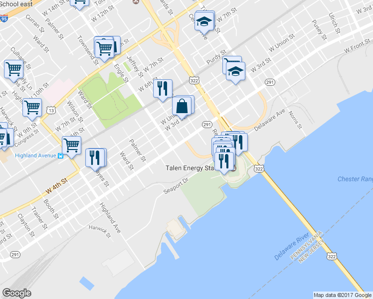 map of restaurants, bars, coffee shops, grocery stores, and more near 114 Jeffrey Street in Chester