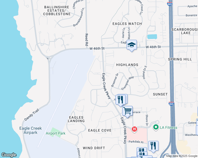 map of restaurants, bars, coffee shops, grocery stores, and more near 4260 Village Parkway Circle East in Indianapolis