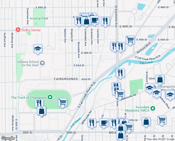 map of restaurants, bars, coffee shops, grocery stores, and more near 4239 Crittenden Avenue in Indianapolis