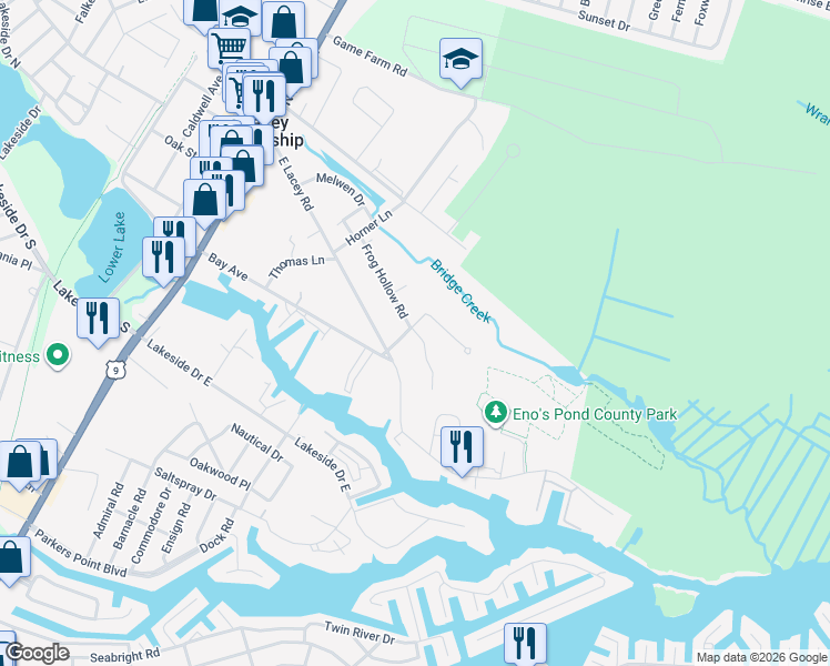 map of restaurants, bars, coffee shops, grocery stores, and more near 7 Thropp Road in Lacey Township