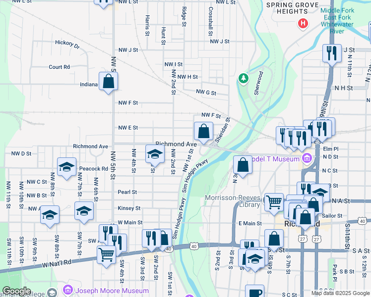 map of restaurants, bars, coffee shops, grocery stores, and more near 416 Northwest 1st Street in Richmond