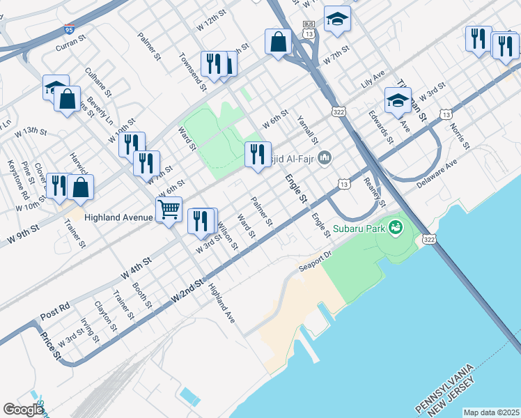 map of restaurants, bars, coffee shops, grocery stores, and more near Palmer St & W 3rd St in Chester