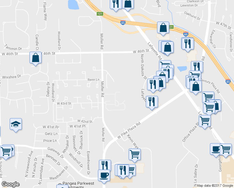 map of restaurants, bars, coffee shops, grocery stores, and more near 4373 Falcon Creek Boulevard in Indianapolis