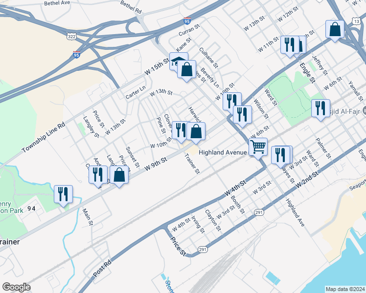 map of restaurants, bars, coffee shops, grocery stores, and more near 3114 West 9th Street in Chester