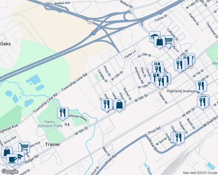 map of restaurants, bars, coffee shops, grocery stores, and more near 3800 West 12th Street in Marcus Hook