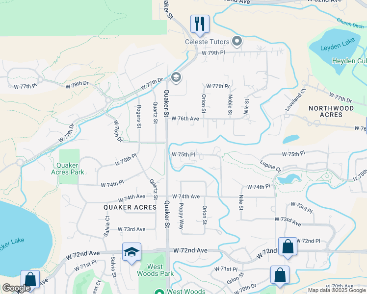 map of restaurants, bars, coffee shops, grocery stores, and more near 7582 Quaker Street in Arvada