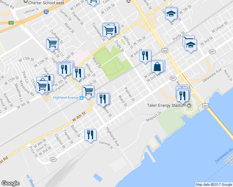 map of restaurants, bars, coffee shops, grocery stores, and more near 2503 West 4th Street in Chester