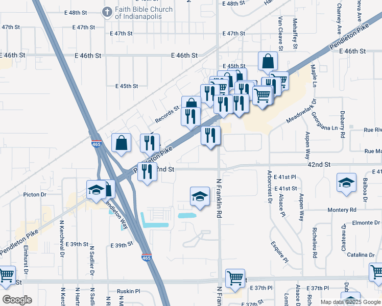 map of restaurants, bars, coffee shops, grocery stores, and more near 4235 Marten Court West in Lawrence