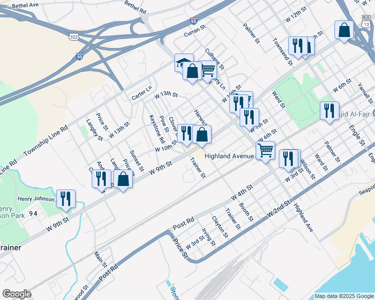 map of restaurants, bars, coffee shops, grocery stores, and more near 3116 West 9th Street in Chester