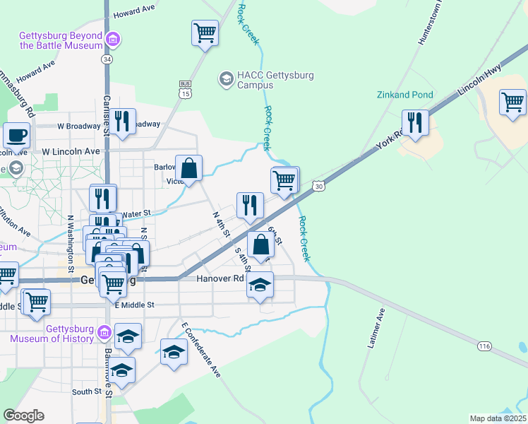 map of restaurants, bars, coffee shops, grocery stores, and more near 606 York Street in Gettysburg