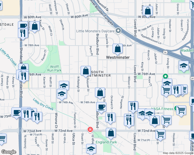 map of restaurants, bars, coffee shops, grocery stores, and more near 7585 Bradburn Boulevard in Westminster