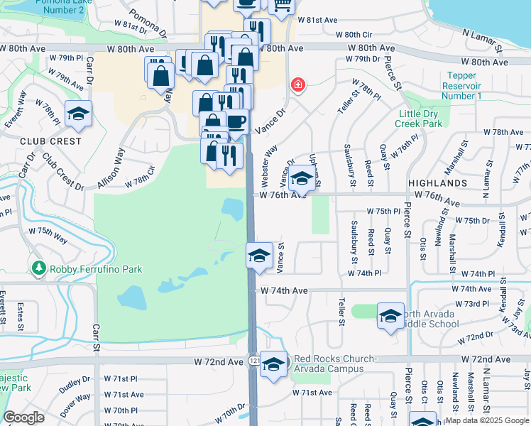 map of restaurants, bars, coffee shops, grocery stores, and more near 7590 Wadsworth Boulevard in Arvada