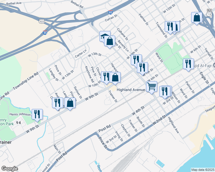 map of restaurants, bars, coffee shops, grocery stores, and more near 3114 West 9th Street in Chester