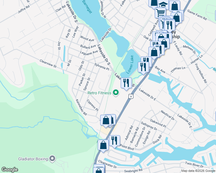 map of restaurants, bars, coffee shops, grocery stores, and more near 1217 Taylor Lane in Lacey Township