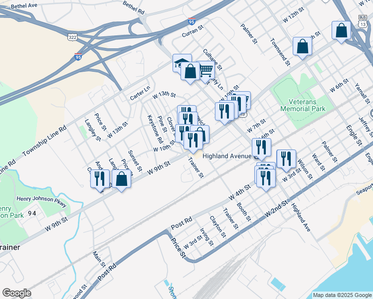 map of restaurants, bars, coffee shops, grocery stores, and more near 3114 West 9th Street in Chester