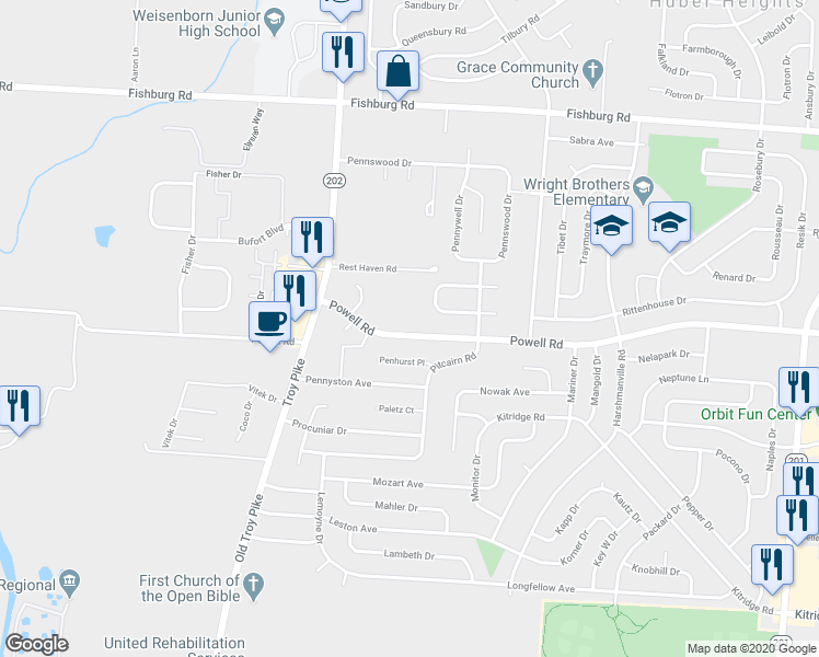 map of restaurants, bars, coffee shops, grocery stores, and more near 4573 Powell Road in Huber Heights